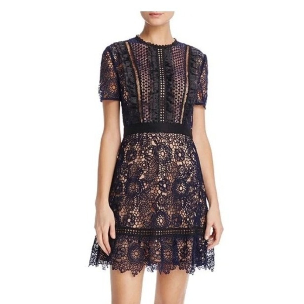 AQUA Lace Mini Dress Sz S Navy Blue Floral Guipure Cocktail Party Wedding Guest